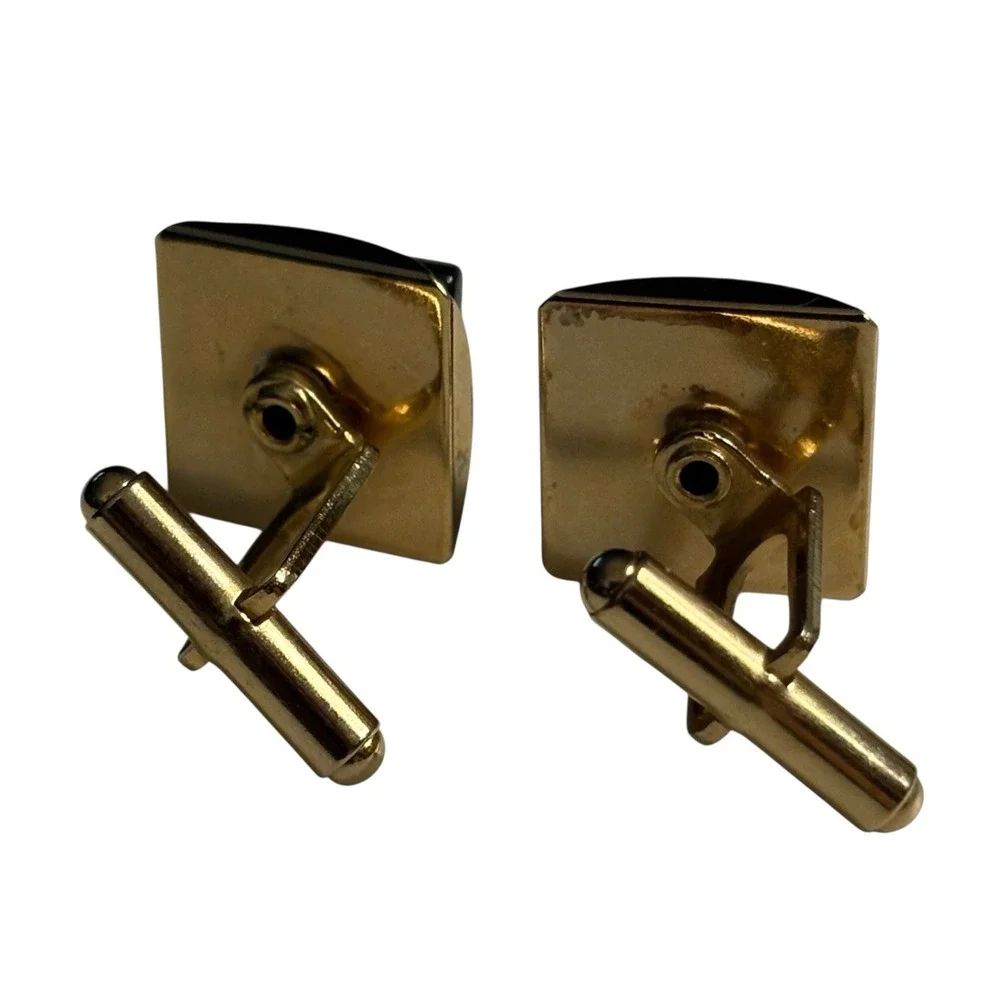 Dark Gray Square Cufflinks Men's Gold Tone Vintage Lucite Acrylic Formal Classic